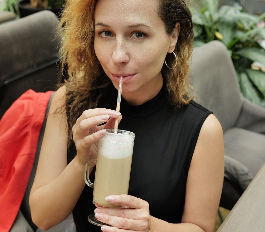 café, woman, portrait, latte, drink, coffee, straw, sipping